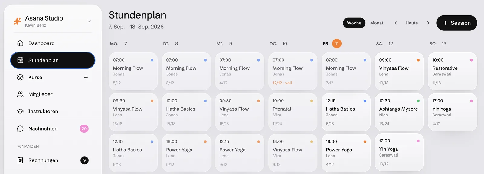 The weekly schedule with every session