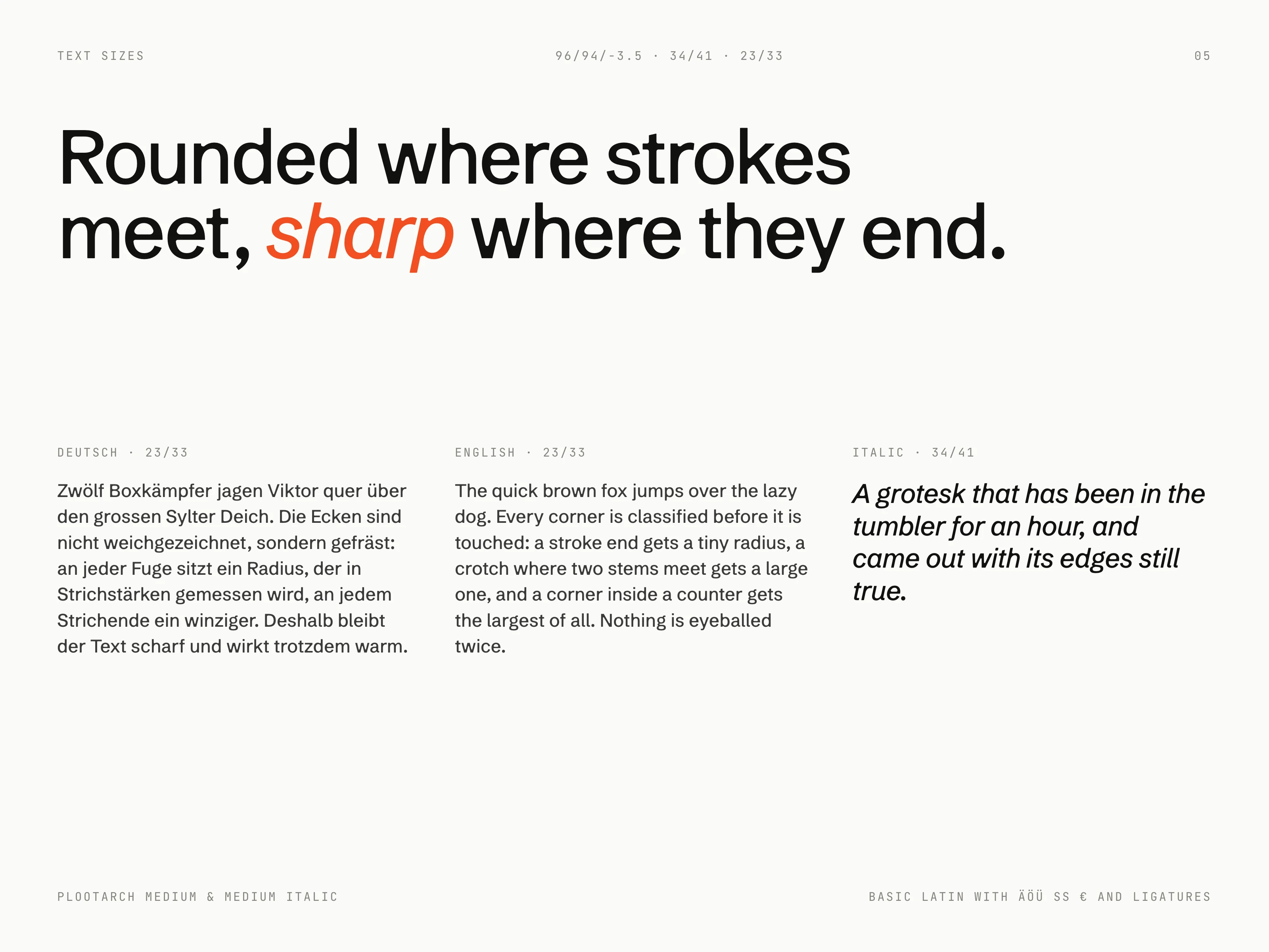 Headline and text sizes in Plootarch Medium and Medium Italic